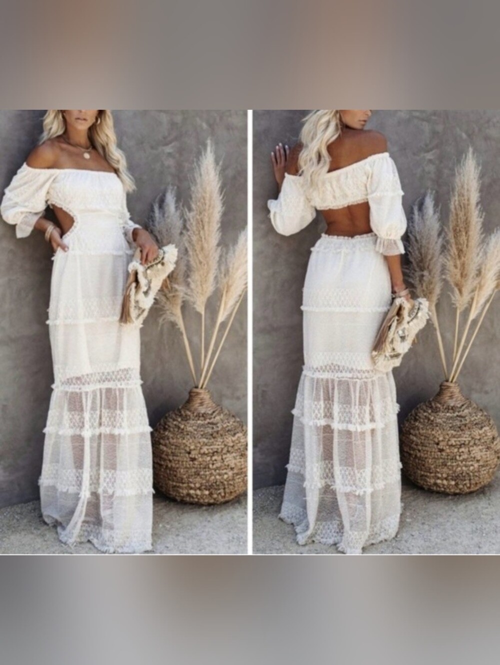 New Skylar Rose Porsha Off The Shoulder Boho Lace Maxi Dress Size Large - Picture 3 of 12